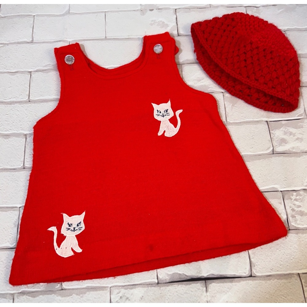 Vintage Red Knit Cat Pinafore‎ Dress and Matching Beanie Set Kids Sleeveless
